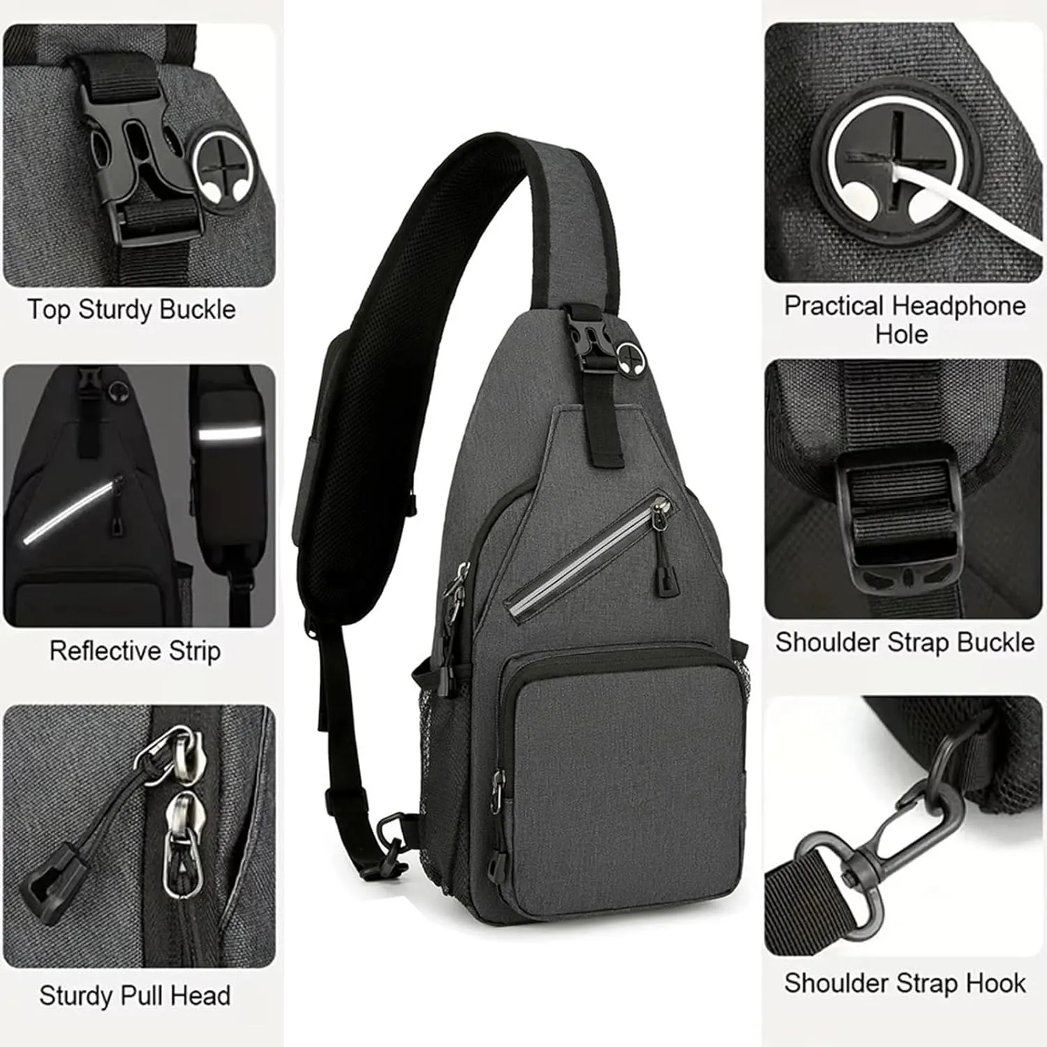 Travel Sling Bag for Men, Crossbody Sling Backpack Waterproof Large Shoulder Sling bag with Earphone Hole, Men's Crossbody Bag Lightweight Chest Bag for Hiking, Running (Deep Grey)