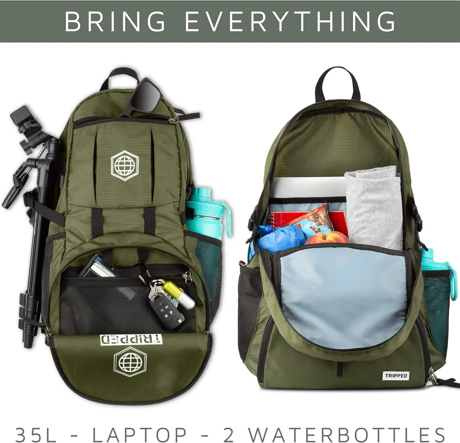 TRIPPED Travel Gear Traveling Backpack- Foldable collapsible lightweight backpack for travel (Green) 35 liters