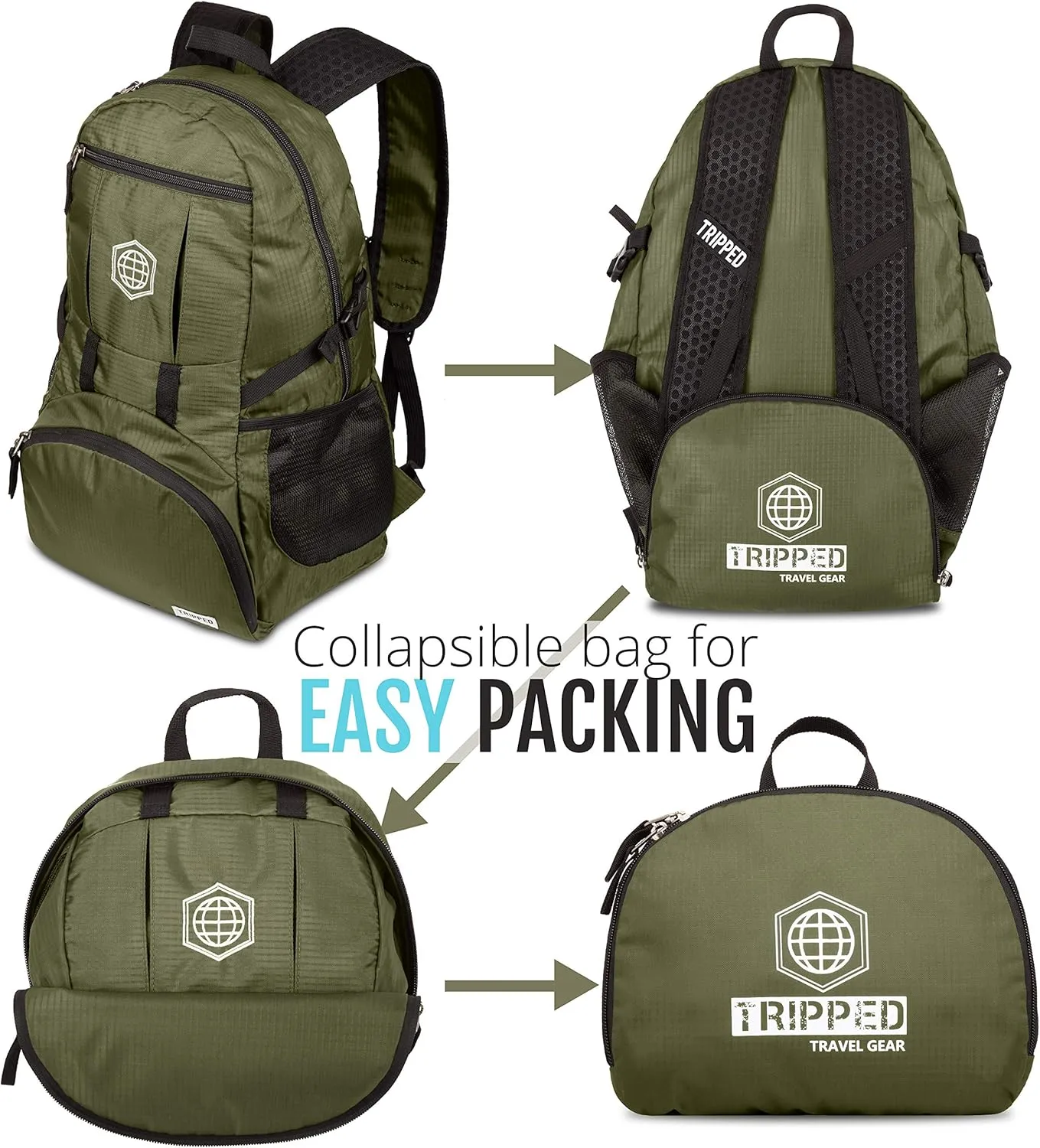 TRIPPED Travel Gear Traveling Backpack- Foldable collapsible lightweight backpack for travel (Green) 35 liters