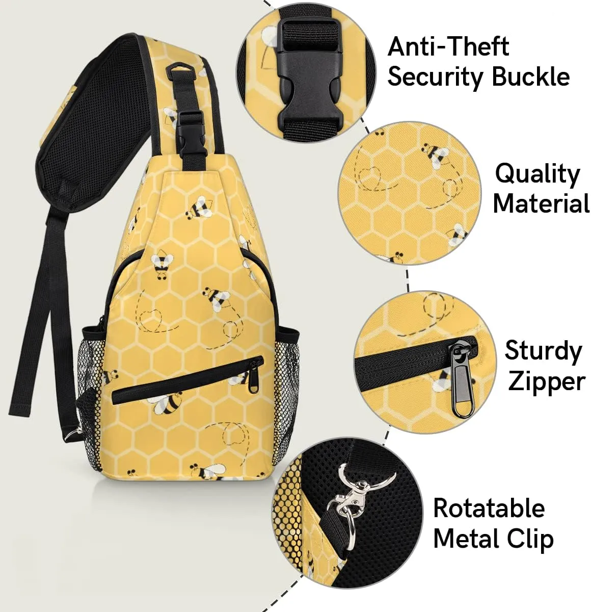 TropicalLife Honey Bees Bumblebee Sling Bag Crossbody Sling Backpack Water Resistant Shoulder Bag Outdoor Travel Hiking Chest Bag Daypack for Women Men Unisex