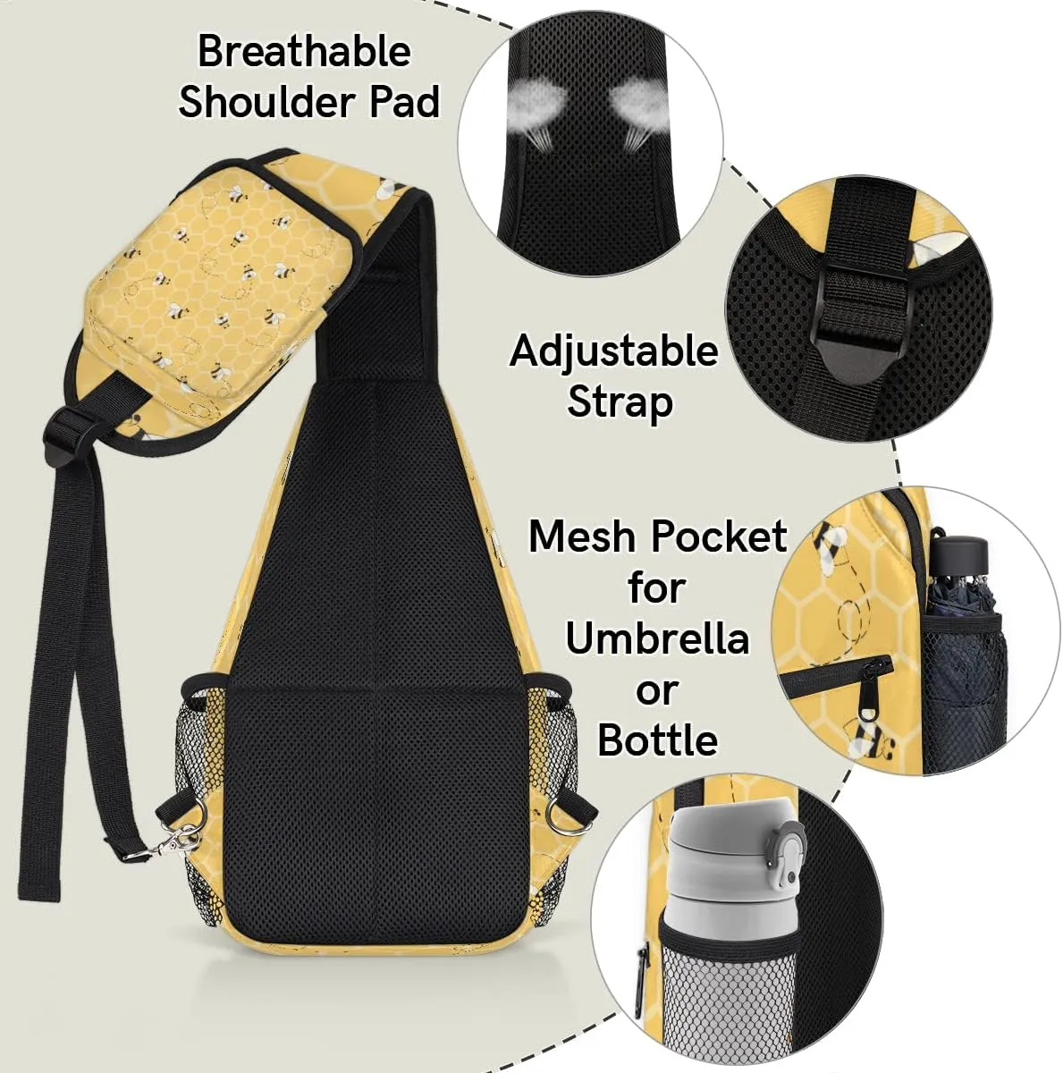 TropicalLife Honey Bees Bumblebee Sling Bag Crossbody Sling Backpack Water Resistant Shoulder Bag Outdoor Travel Hiking Chest Bag Daypack for Women Men Unisex