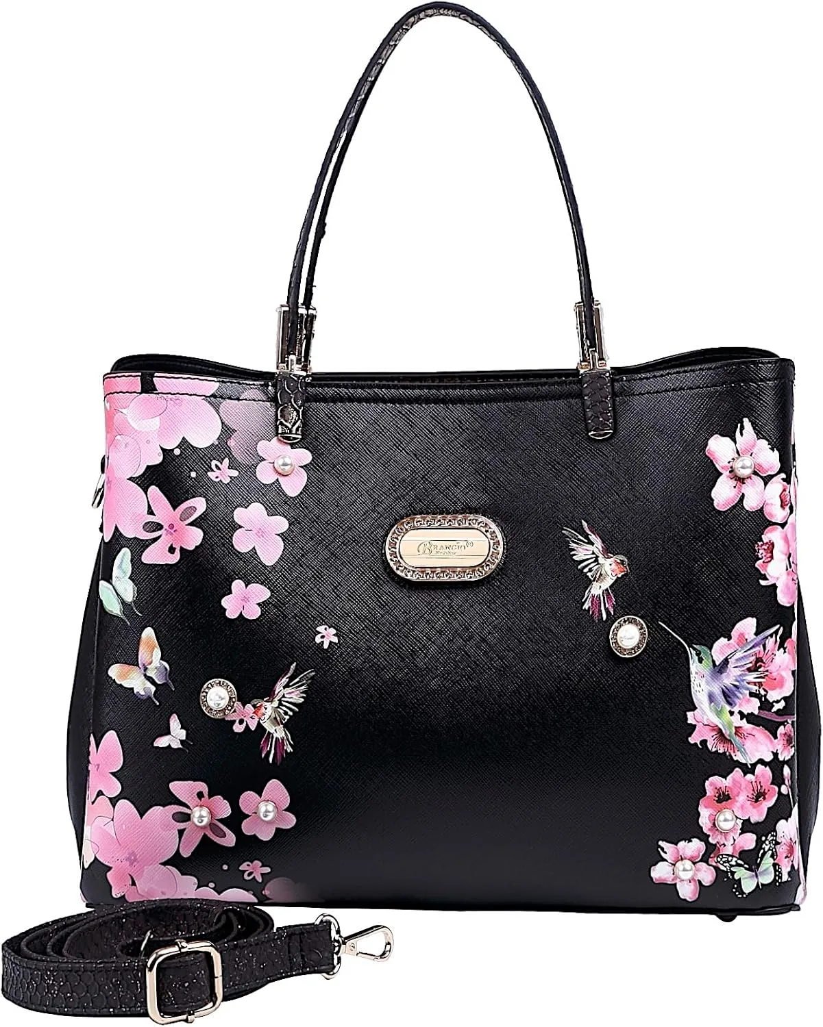 Twilight Garden Designer Leather Tote Bag with Floral and Hummingbird Embellishments and Adjustable Shoulder Strap