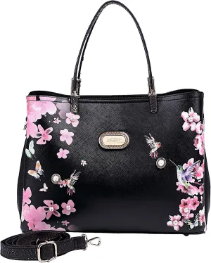 Twilight Garden Designer Leather Tote Bag with Floral and Hummingbird Embellishments and Adjustable Shoulder Strap