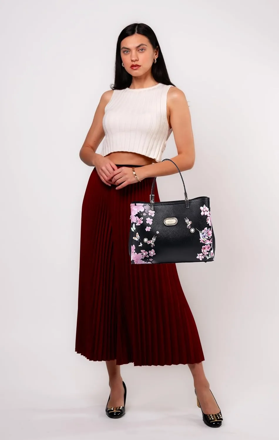 Twilight Garden Designer Leather Tote Bag with Floral and Hummingbird Embellishments and Adjustable Shoulder Strap
