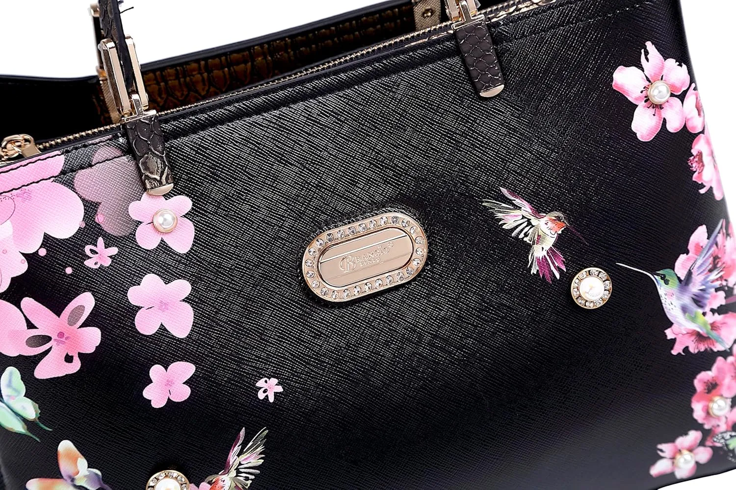 Twilight Garden Designer Leather Tote Bag with Floral and Hummingbird Embellishments and Adjustable Shoulder Strap