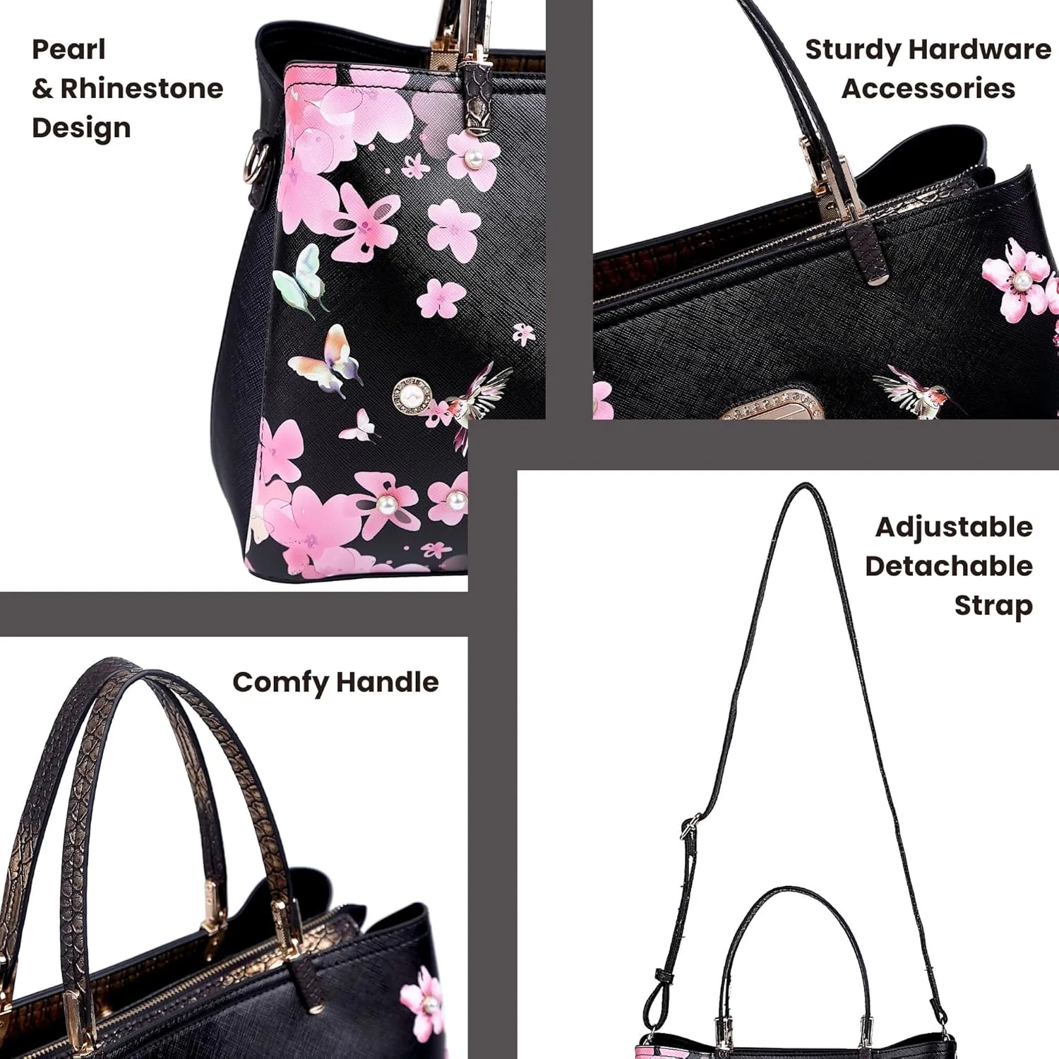 Twilight Garden Designer Leather Tote Bag with Floral and Hummingbird Embellishments and Adjustable Shoulder Strap
