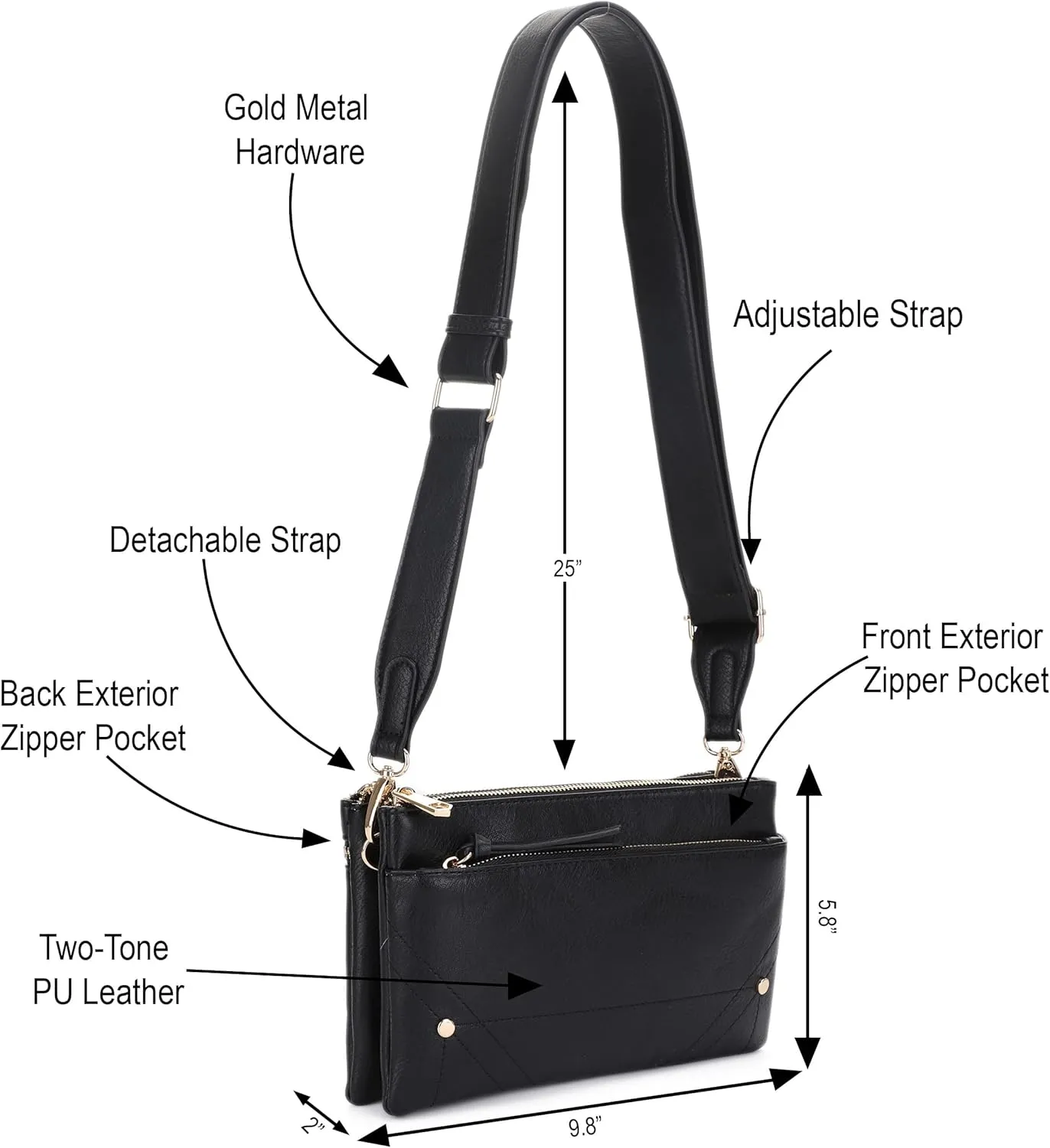Two-Tone Multi-Compartment Crossbody Bag with Adjustable Detachable Strap, Gold Hardware, and Stitched Detailing