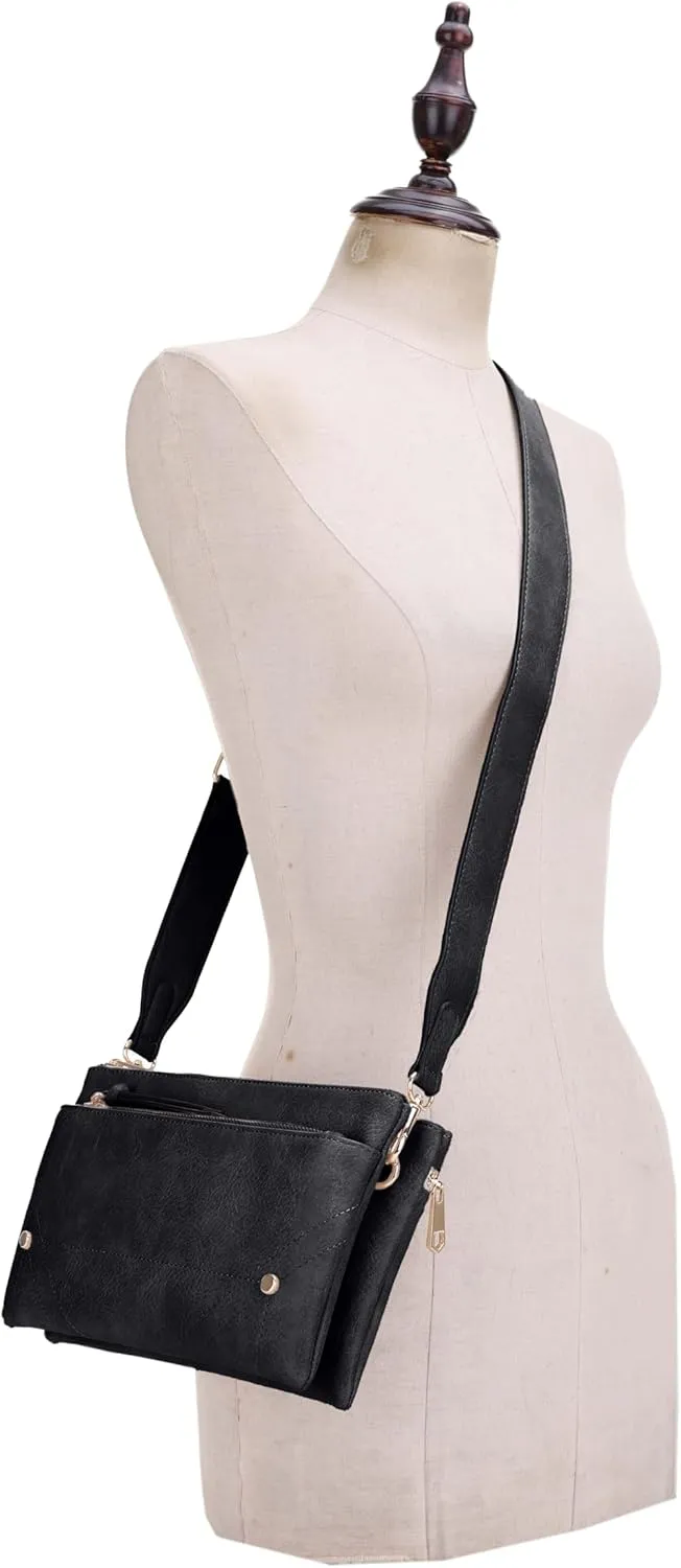 Two-Tone Multi-Compartment Crossbody Bag with Adjustable Detachable Strap, Gold Hardware, and Stitched Detailing