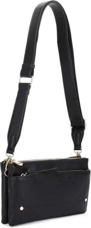 Two-Tone Multi-Compartment Crossbody Bag with Adjustable Detachable Strap, Gold Hardware, and Stitched Detailing