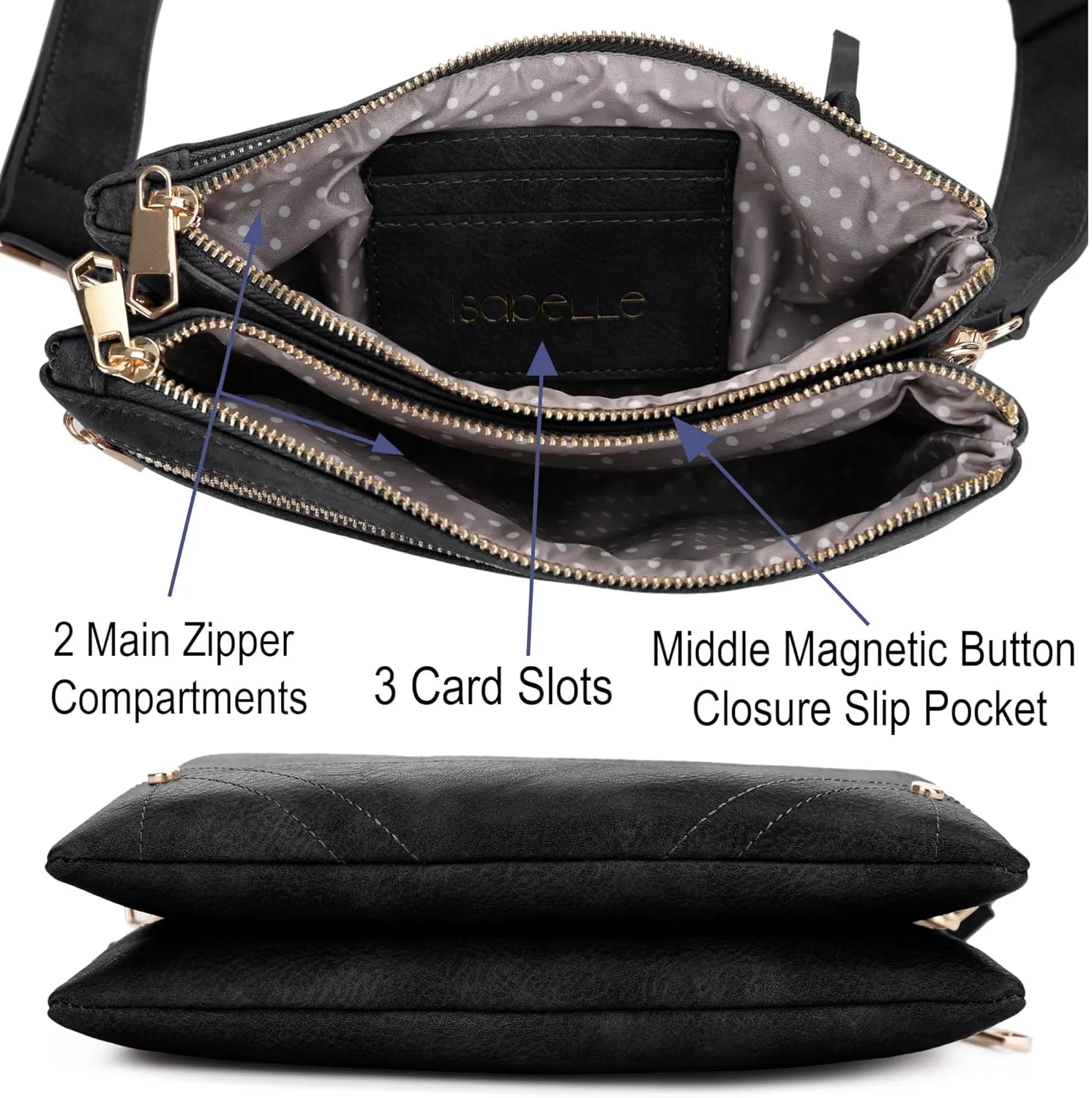 Two-Tone Multi-Compartment Crossbody Bag with Adjustable Detachable Strap, Gold Hardware, and Stitched Detailing