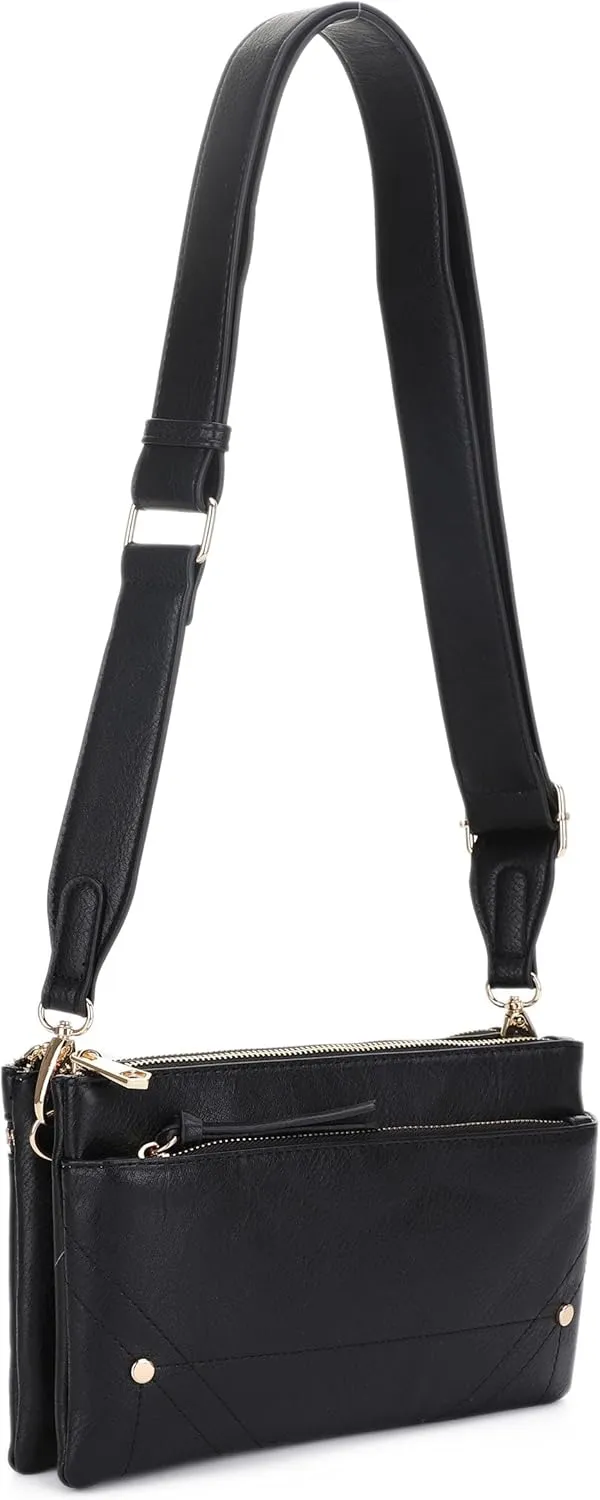 Two-Tone Multi-Compartment Crossbody Bag with Adjustable Detachable Strap, Gold Hardware, and Stitched Detailing