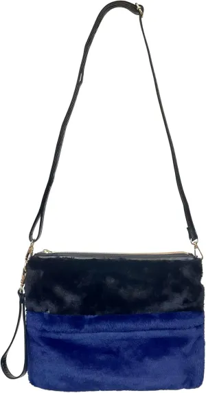 Two Toned Faux Fur Crossbody Bag - Wristlet Purse, Fluffy Fuzzy Shoulder Handbag - Zippered Furry Clutch Adjustable Strap
