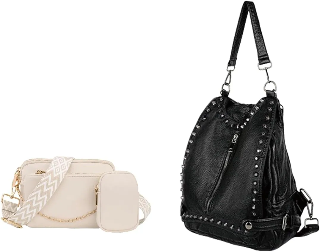 UTO Small Crossbody Bags for Women 3 in 1 Trendy Belt Purse PU Washed Leather Rivet Studded Convertible