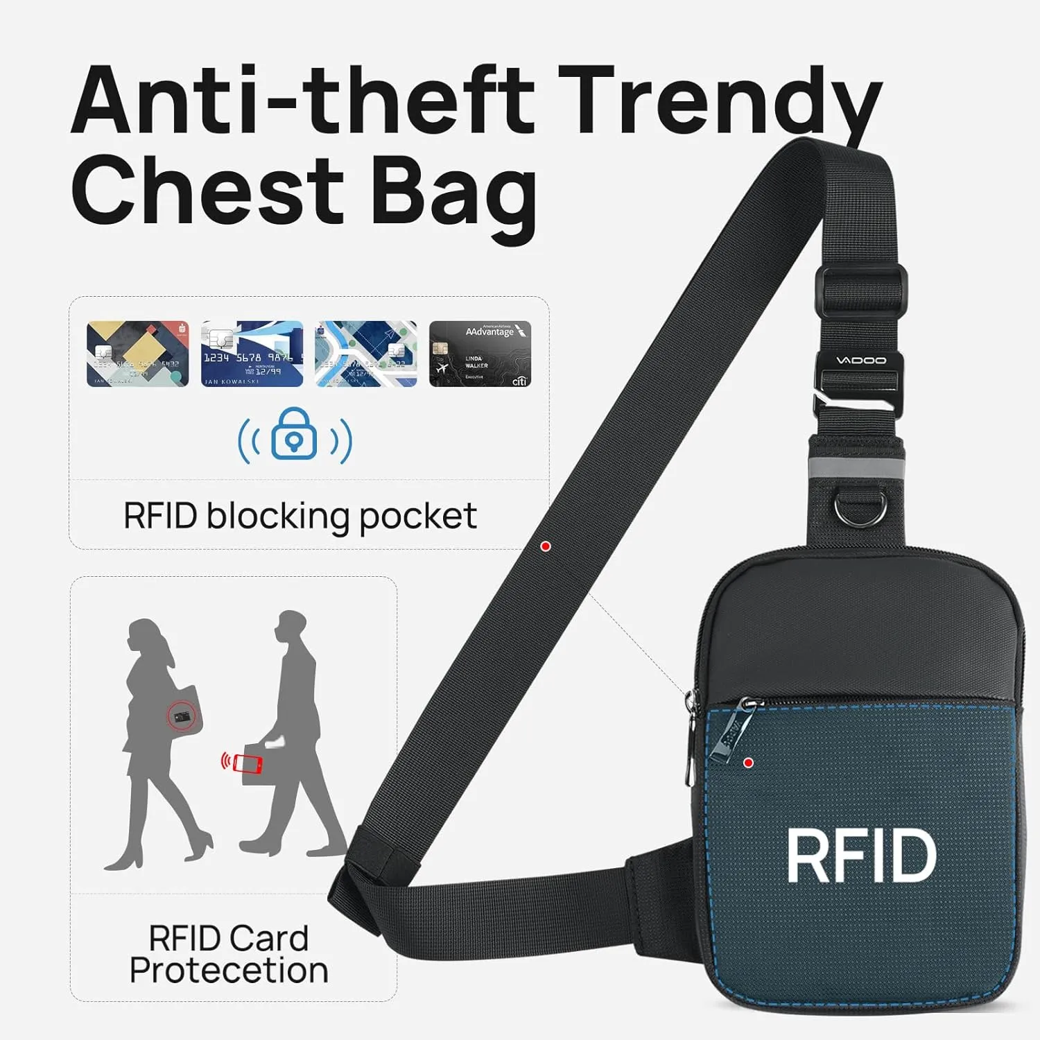 VADOO Sling Bag, Small Crossbody Bag with RFID Blocking for Women and Men, Lightweight Chest Phone Mini Bag for Travel Casual