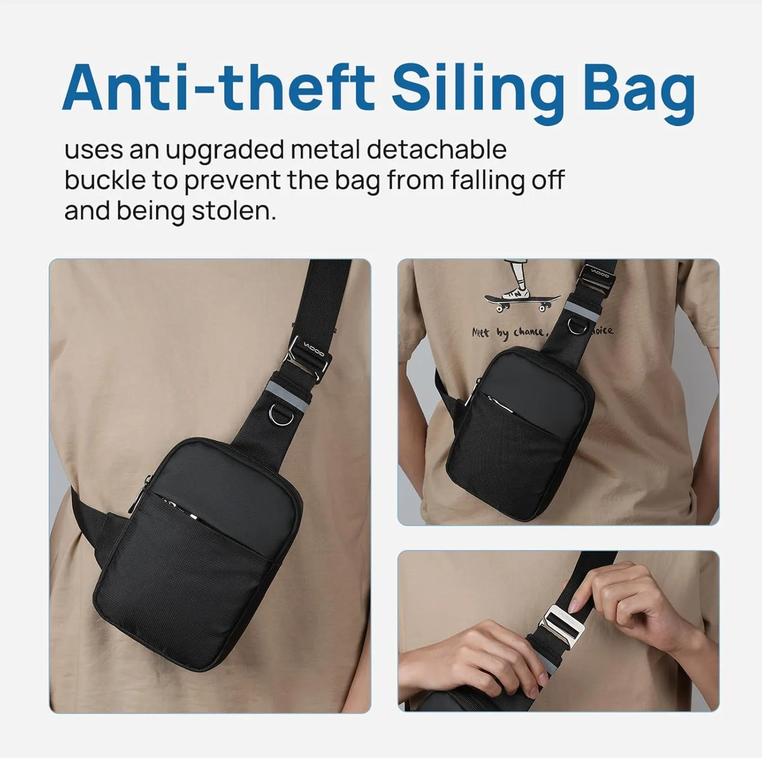 VADOO Sling Bag, Small Crossbody Bag with RFID Blocking for Women and Men, Lightweight Chest Phone Mini Bag for Travel Casual