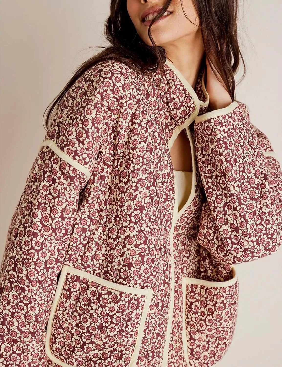 VAOYIU Women's Cropped Puffer Jacket Vintage Cardigan Floral Printed Lightweight Open Front Padded Quilted Coats