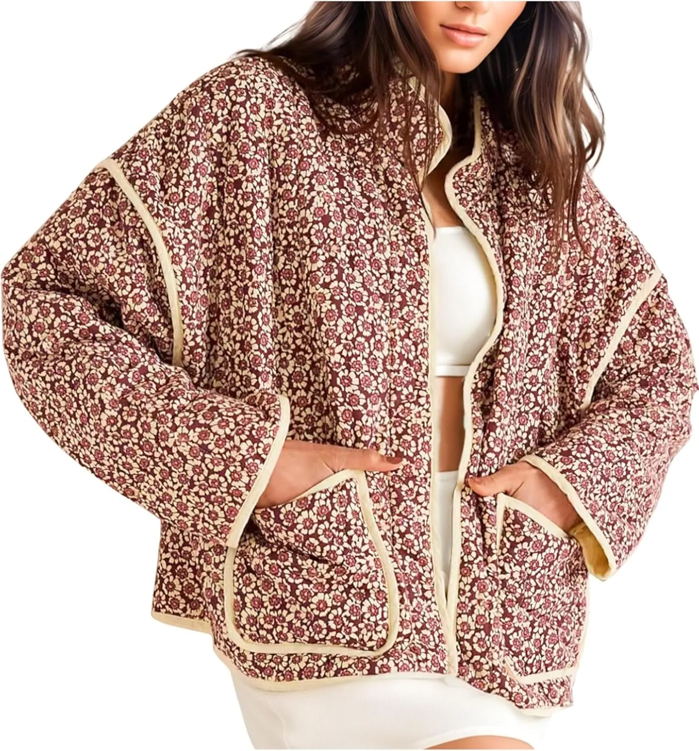 VAOYIU Women's Cropped Puffer Jacket Vintage Cardigan Floral Printed Lightweight Open Front Padded Quilted Coats