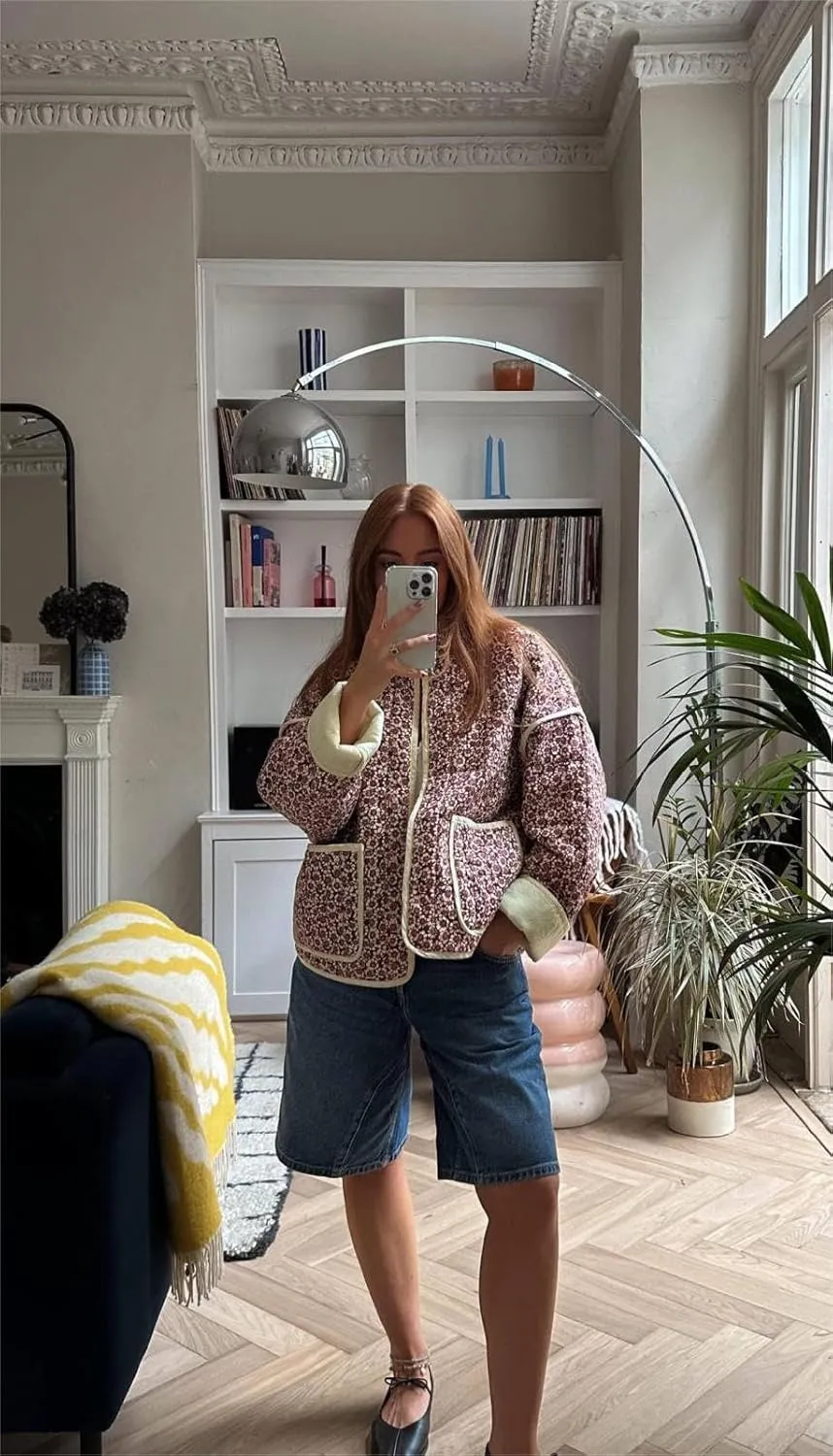 VAOYIU Women's Cropped Puffer Jacket Vintage Cardigan Floral Printed Lightweight Open Front Padded Quilted Coats