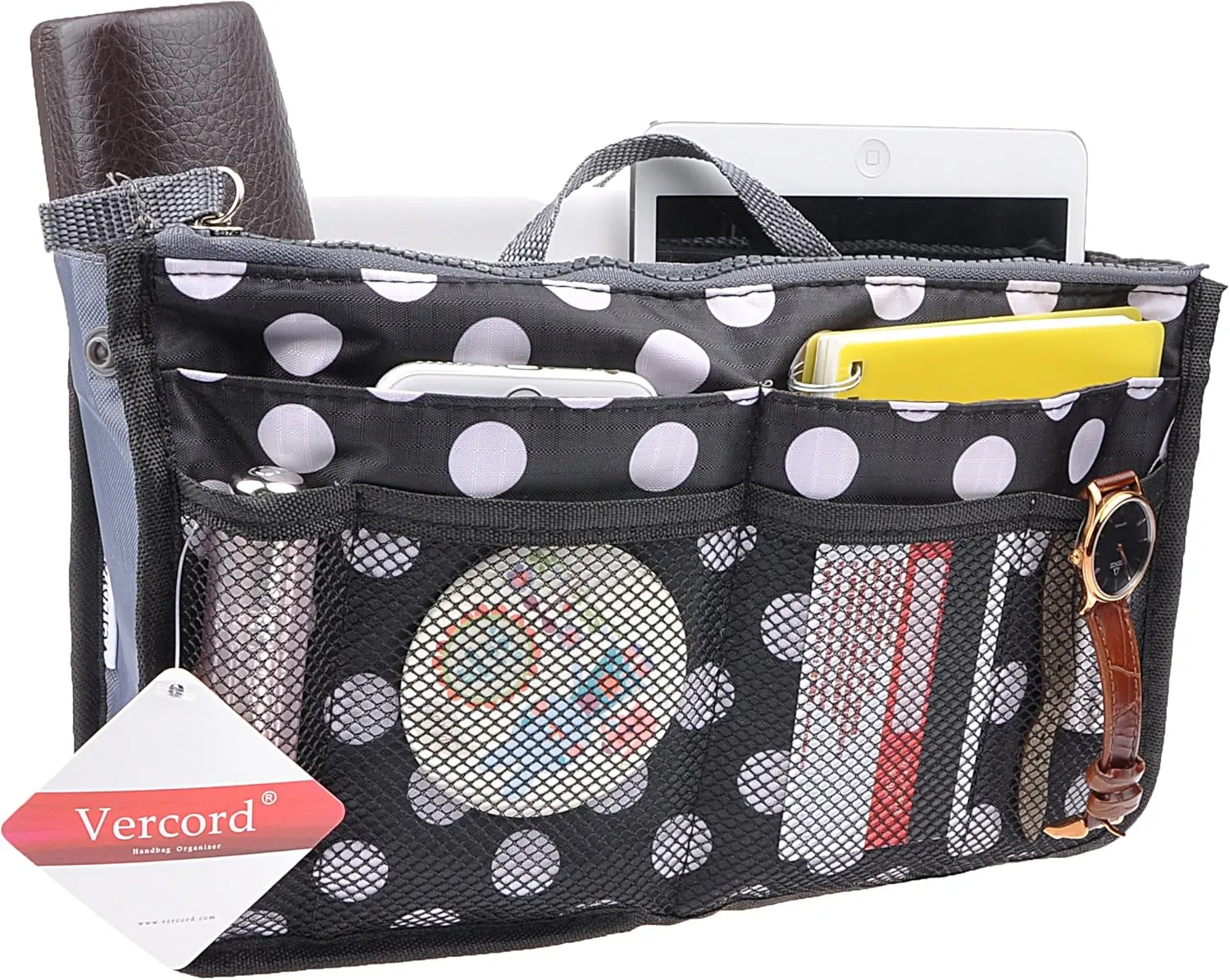 Vercord Purse Organizer Insert for Handbags Bag Organizers Inside Tote Pocketbook Women Nurse Nylon 13 Pockets Black Dots Large