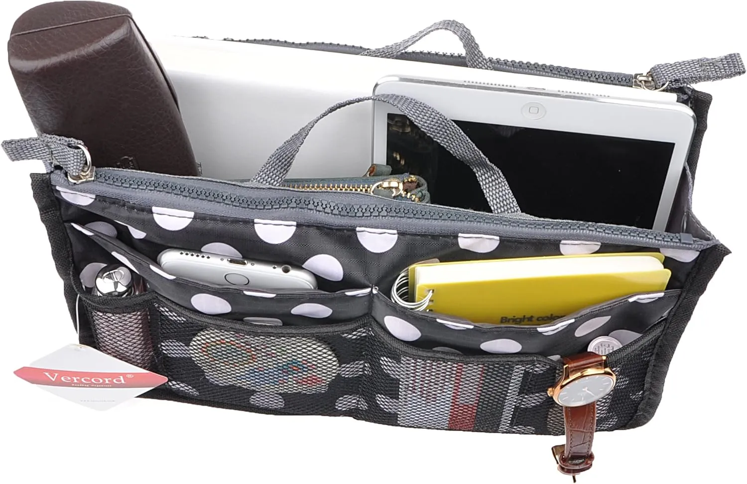 Vercord Purse Organizer Insert for Handbags Bag Organizers Inside Tote Pocketbook Women Nurse Nylon 13 Pockets Black Dots Large