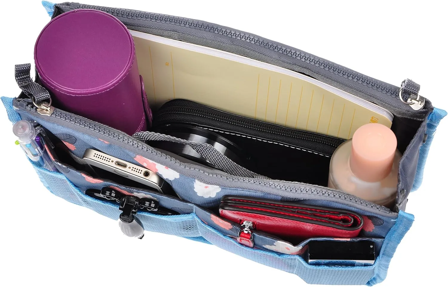 Vercord Purse Organizer Insert for Handbags Bag Organizers Inside Tote Pocketbook Women Nurse Nylon 13 Pockets Blue Flower Large