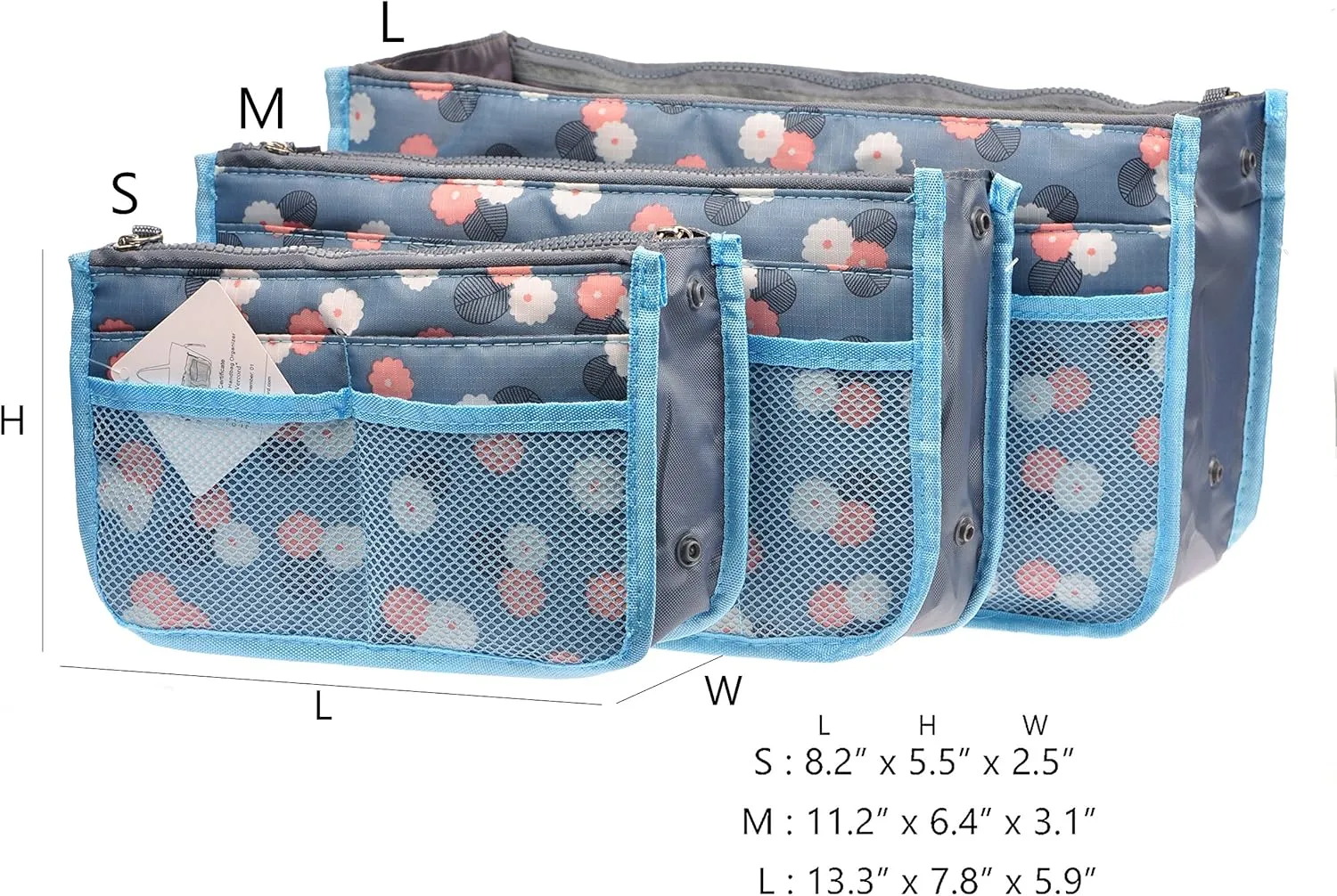 Vercord Purse Organizer Insert for Handbags Bag Organizers Inside Tote Pocketbook Women Nurse Nylon 13 Pockets Blue Flower Large