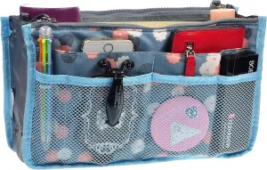 Vercord Purse Organizer Insert for Handbags Bag Organizers Inside Tote Pocketbook Women Nurse Nylon 13 Pockets Blue Flower Large