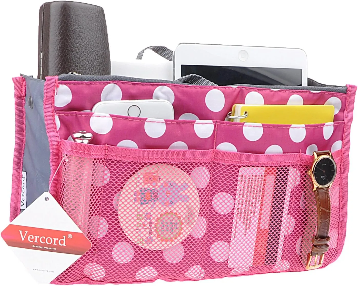 Vercord Purse Organizer Insert for Handbags Bag Organizers Inside Tote Pocketbook Women Nurse Nylon 13 Pockets Rose Dot Medium