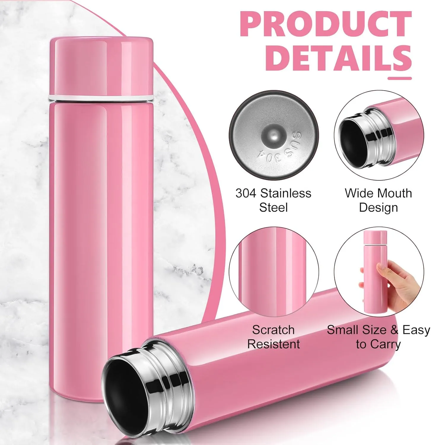 Vesici Mini Water Bottles 4.4 oz Cute Small Insulated Stainless Steel Purse Water Bottles Pocket Slim Flask Keeps Drink Cold and Hot for Women Lunch Bag Coffee(Pink,2 Pack)