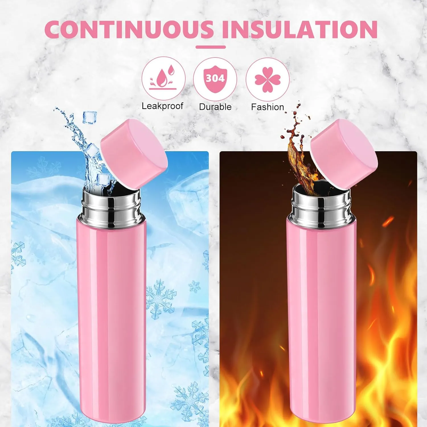 Vesici Mini Water Bottles 4.4 oz Cute Small Insulated Stainless Steel Purse Water Bottles Pocket Slim Flask Keeps Drink Cold and Hot for Women Lunch Bag Coffee(Pink,2 Pack)