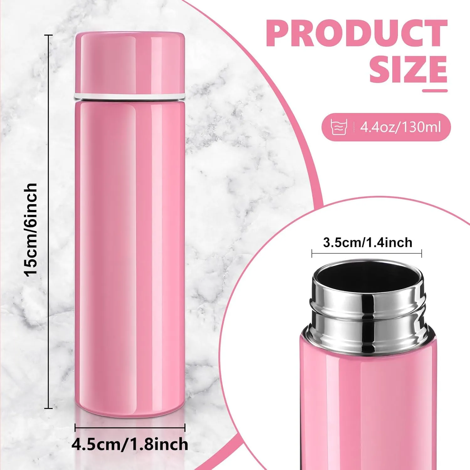 Vesici Mini Water Bottles 4.4 oz Cute Small Insulated Stainless Steel Purse Water Bottles Pocket Slim Flask Keeps Drink Cold and Hot for Women Lunch Bag Coffee(Pink,2 Pack)