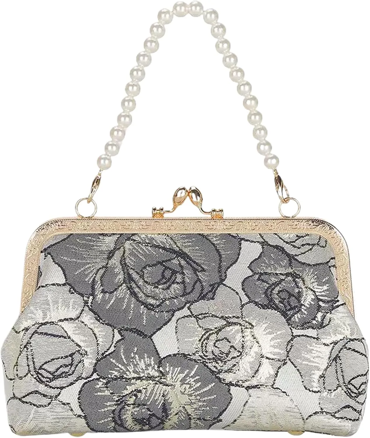 Vintage Embroidered Flower Handbag, Pearl Chain Crossbody Bag with Kiss Lock, for Women