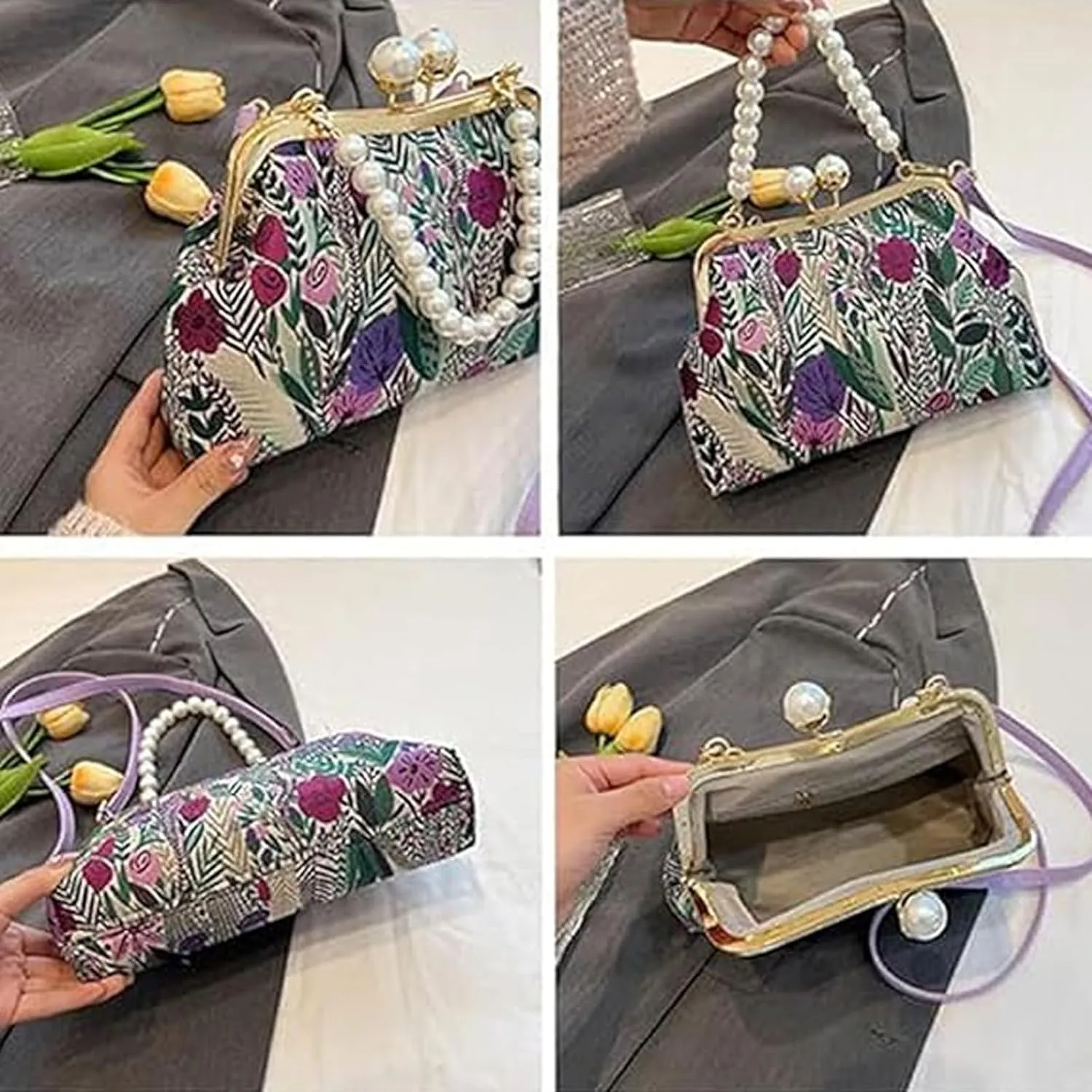 Vintage Embroidered Flower Handbag, Pearl Chain Crossbody Bag with Kiss Lock, for Women