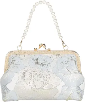 Vintage Embroidered Flower Handbag, Pearl Chain Crossbody Bag with Kiss Lock, for Women