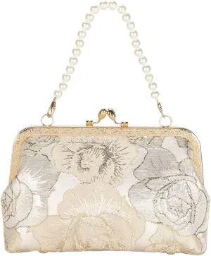 Vintage Embroidered Flower Handbag, Pearl Chain Crossbody Bag with Kiss Lock, for Women