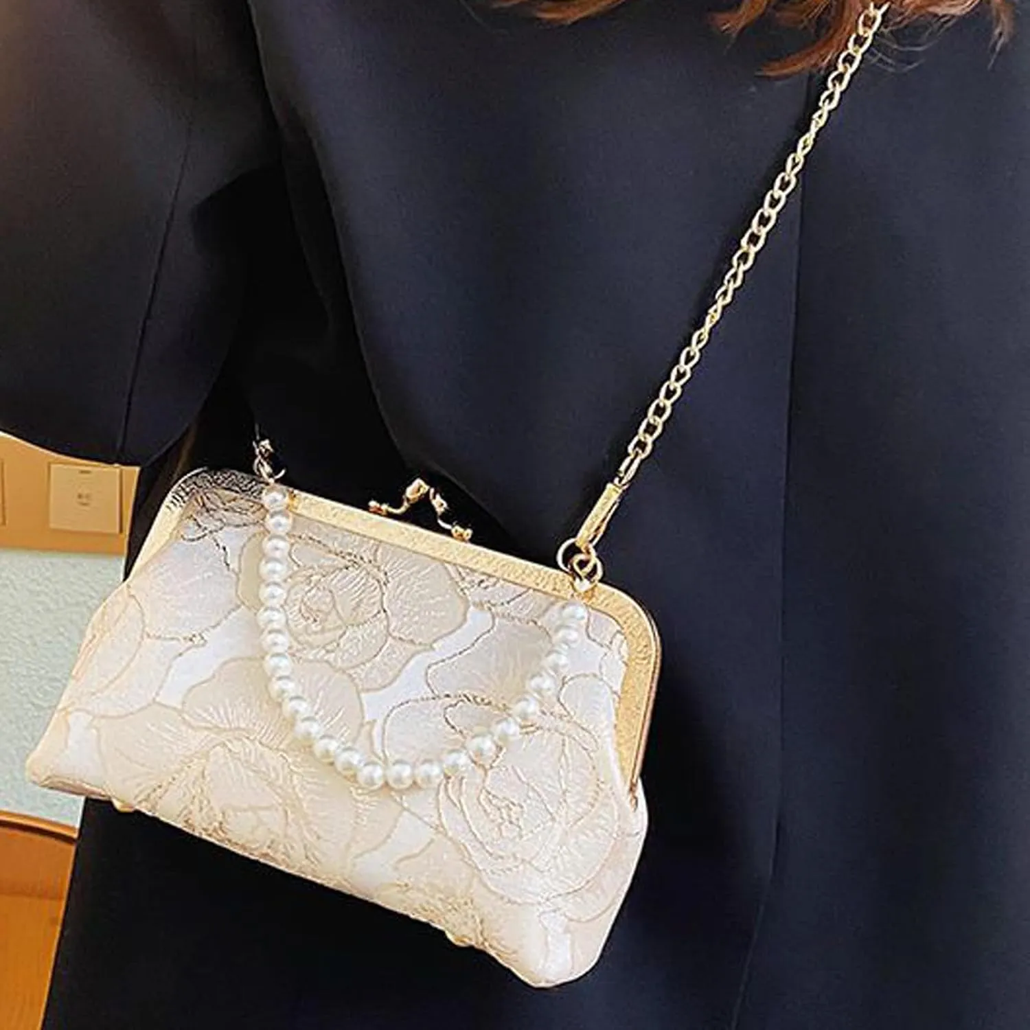 Vintage Embroidered Flower Handbag, Pearl Chain Crossbody Bag with Kiss Lock, for Women