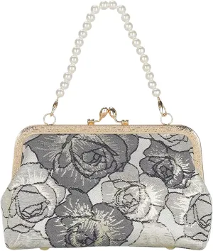 Vintage Embroidered Flower Handbag, Pearl Chain Crossbody Bag with Kiss Lock, for Women