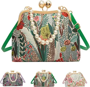 Vintage Embroidered Flower Handbag, Women Vintage Flower Embroidery Handbag, Pearl Crossbody Bag With Kiss Lock