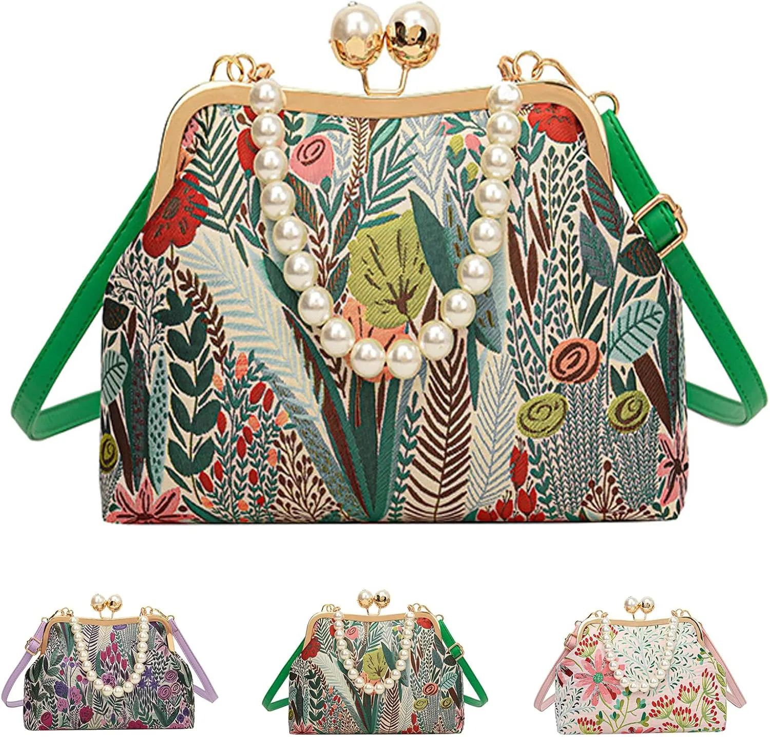 Vintage Embroidered Flower Handbag, Women Vintage Flower Embroidery Handbag, Pearl Crossbody Bag With Kiss Lock