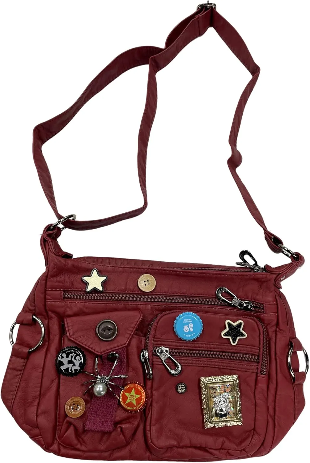Vintage Y2K Crossbody Bag for Women- Adjustable Strap, Retro Button Design, Multi-Pocket PU Leather Bag
