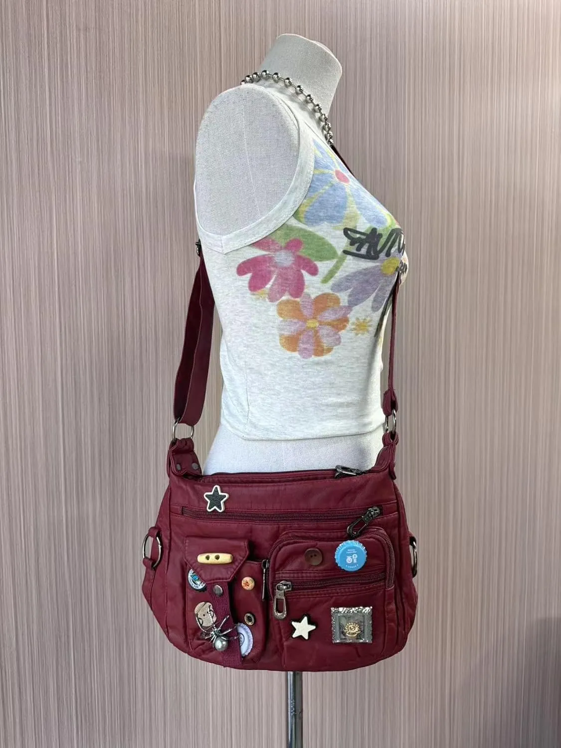 Vintage Y2K Crossbody Bag for Women- Adjustable Strap, Retro Button Design, Multi-Pocket PU Leather Bag