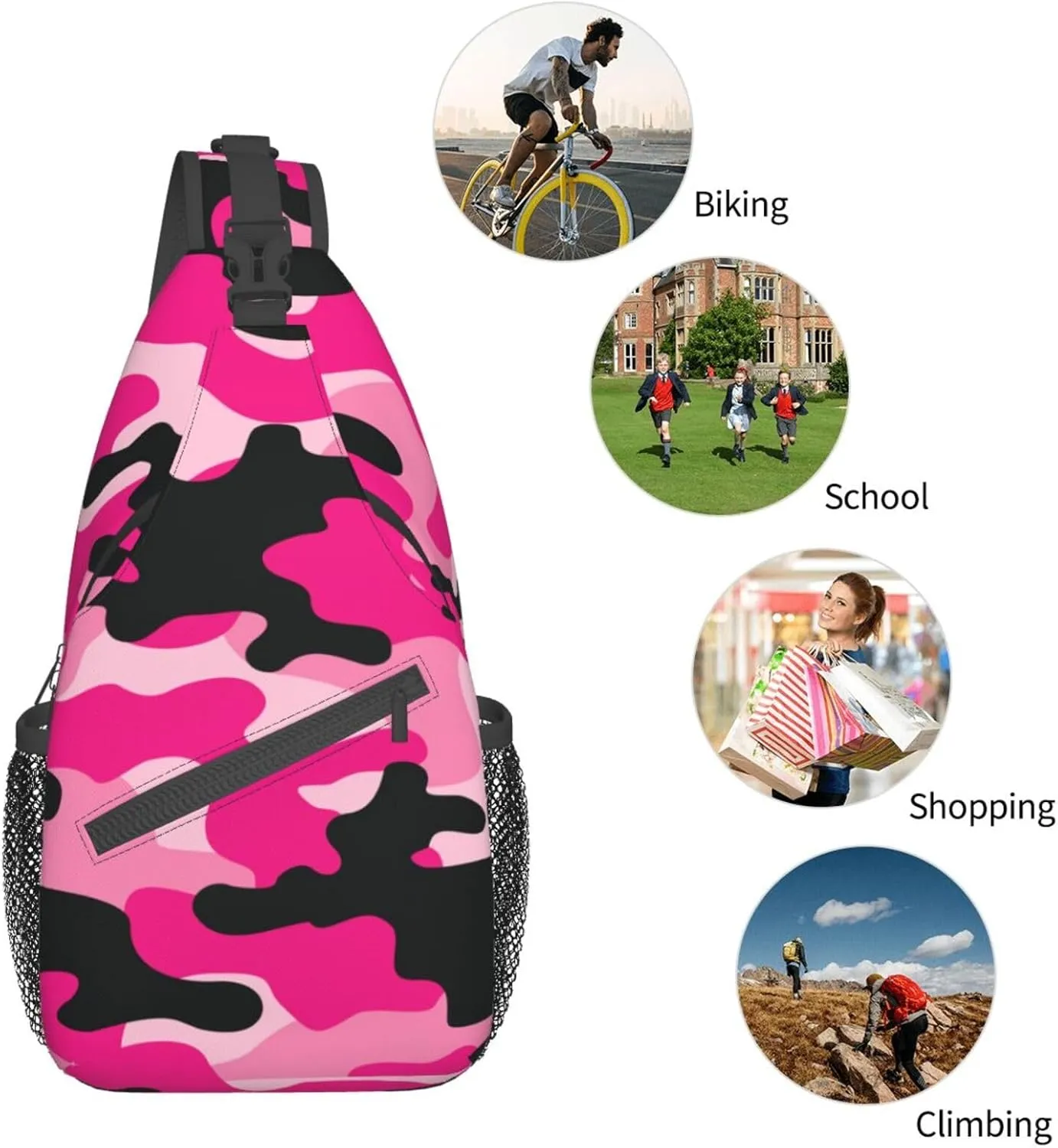 VOOHDDY Pink Black Camo Camouflage Sling Bag For Women Men Travel Hiking Backpack Crossbody Shoulder Chest Bags Casual Daypack Sport