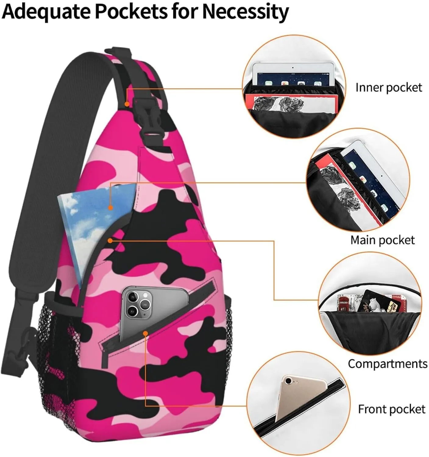 VOOHDDY Pink Black Camo Camouflage Sling Bag For Women Men Travel Hiking Backpack Crossbody Shoulder Chest Bags Casual Daypack Sport