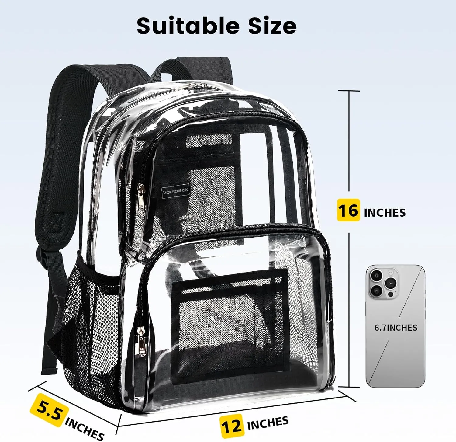 Vorspack Clear Backpack Heavy Duty - Large Clear Bookbag Transparent See Through Backpack Plastic Backpacks for College Work Travel - Black