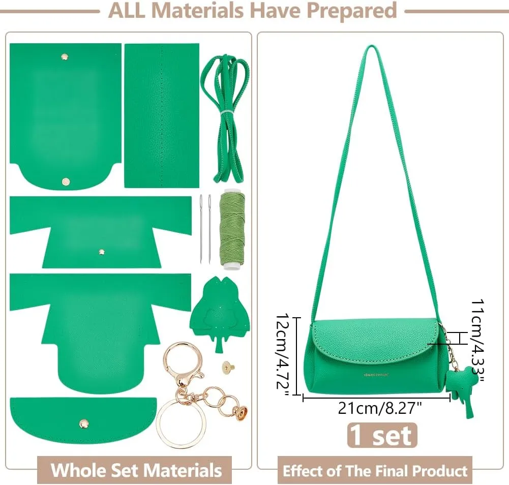 WADORN DIY PU Leather Sewing Handbag Making Kit, PU Leather Crossbody Bags Making Material Set DIY Leather Handmade Shoulder Bag Craft Tool Kit for Bag Making Accessories, 8.2x4.3x4.7 Inch, Green