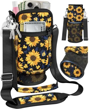Water Bottle Holder Carrier Bag with Strap - Crossbody Sling for Walking with Phone Pocket Insulated for 32 24 oz