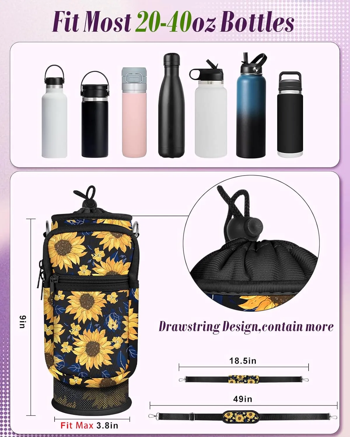 Water Bottle Holder Carrier Bag with Strap - Crossbody Sling for Walking with Phone Pocket Insulated for 32 24 oz
