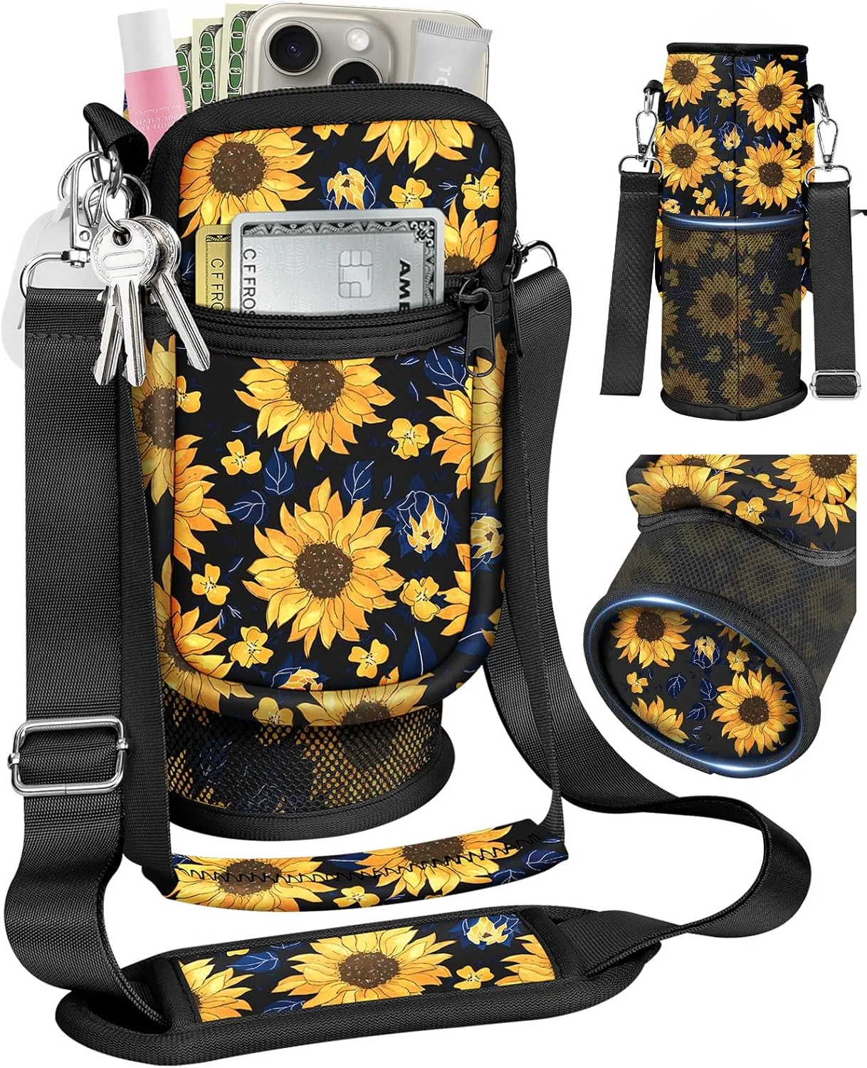 Water Bottle Holder Carrier Bag with Strap - Crossbody Sling for Walking with Phone Pocket Insulated for 32 24 oz