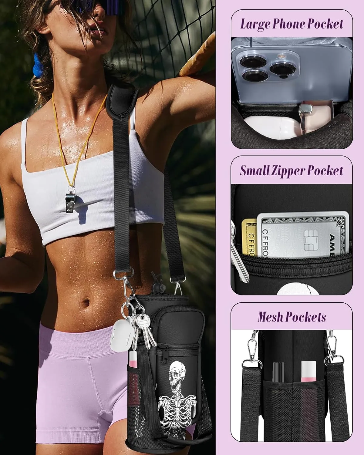 Water Bottle Holder Carrier Bag with Strap - Crossbody Sling for Walking with Phone Pocket Insulated for 32 24 oz
