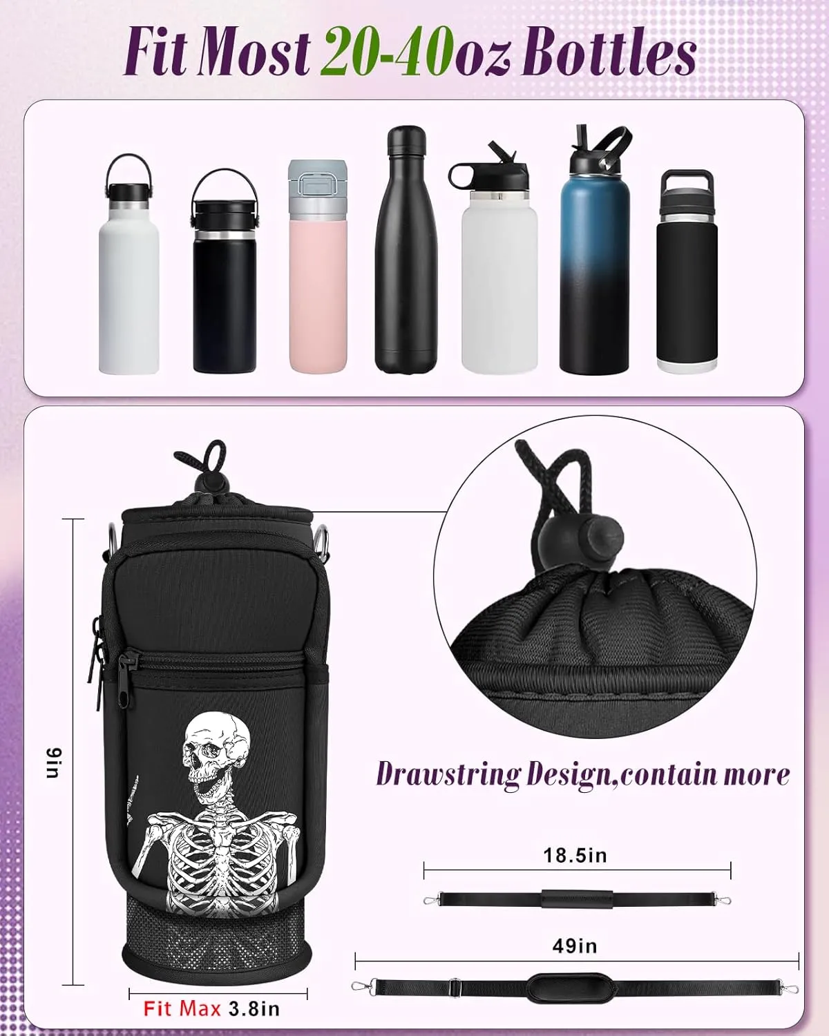 Water Bottle Holder Carrier Bag with Strap - Crossbody Sling for Walking with Phone Pocket Insulated for 32 24 oz